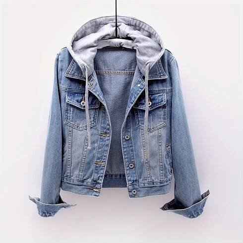 Women'S Casual Denim Jacket, Long-sleeved Hooded Denim Short Jacket, Hat * *, Suitable For Spring And Autumn And Any Occasion
