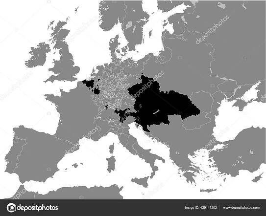 Stáhnout - Černá plochá mapa habsburské monarchie (1714) uvnitř šedé mapy Evropy — Ilustrace