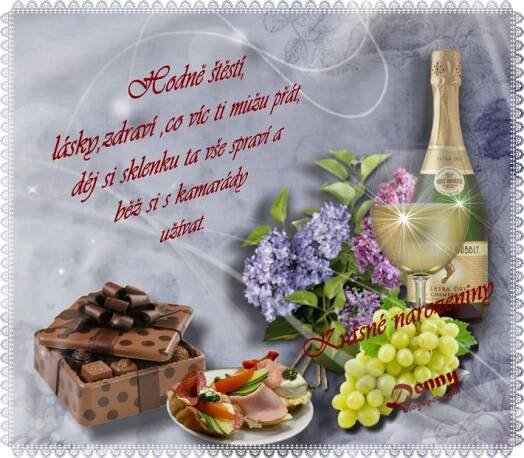 Birthday Greetings Card with Flowers, Chocolates, and Wine