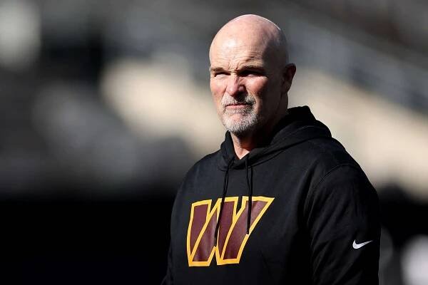 EAST RUTHERFORD, NEW JERSEY - NOVEMBER 03: Head coach Dan Quinn of the Washington Commanders looks on before the game against the New York Giants at MetLife Stadium on November 03, 2024 in East Rutherford, New Jersey.