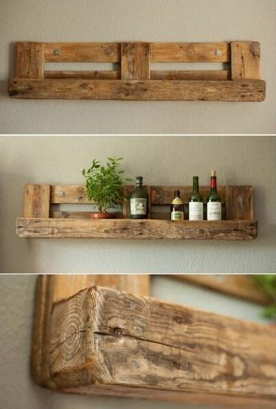 three different pictures of wooden shelves with bottles and plants on them, one is made out of pallet wood