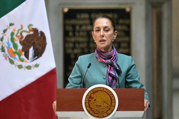 Mexican President Claudia Sheinbaum speaks during the High Level Summit between Mexican and US leaders and businessmen at the National Palace in Mexico City on October 15, 2024. (Photo by Yuri CORTEZ / AFP) (Photo by YURI CORTEZ/AFP via Getty Images)