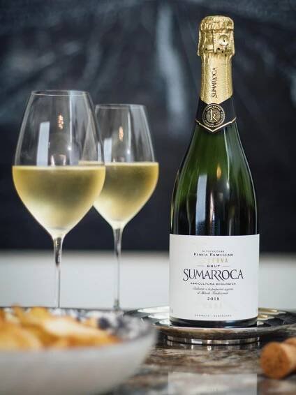 A bottle of Brut and two glasses of champagne