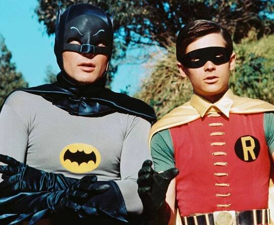 American actors Adam West as Bruce Wayne/Batman and Burt Ward as Dick Grayson/Robin in the TV series 'Batman', circa 1966.