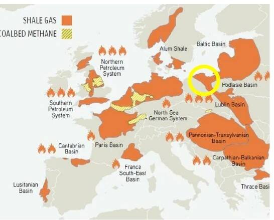 Figure 11. Natural gas resources in Europe [Appendix A (11)] the hotspot 3+ K in Figure 1 is Poland (yellow circle).  The largest area of exploration and recovery activity by fracking operations in Europe is centred in Poland (Figure 11 yellow circle), Europe’s largest natural gas and fracking operator. The neighbouring countries of Romania and Bulgaria have presently suspended fracking operations for environmental reasons. This ultra-hotspot (3+ K) area is in the same geographic location as the dark brown 3+ K global warming hotspot seen in Figure 1 and Poland is shown with a yellow circle. The central hot spot fracking area of the UK has registered several earthquakes that have been associated with on-going fracking. 