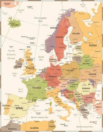 Magnetická mapa Evropy, vintage, barevná