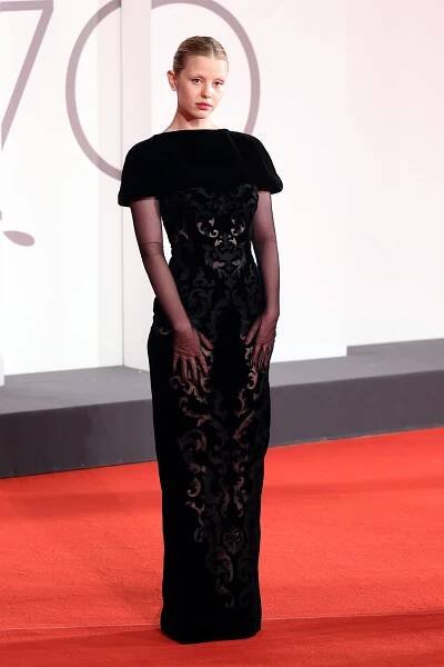 Mia Goth wears Dolce & Gabbana at the "Pearl" premiere at the Venice Film Festival 2022.