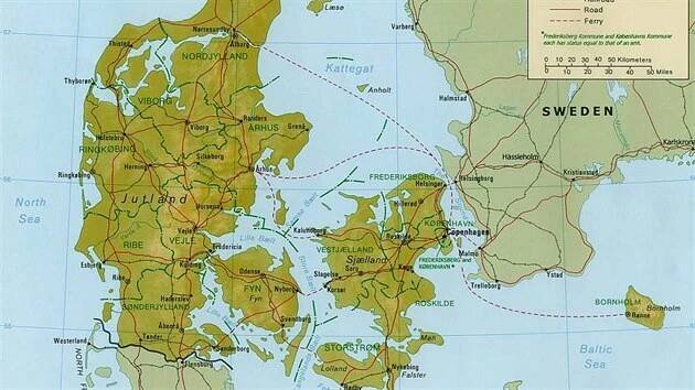 Mapa Dánska. Ostrov Bornholm je jeho nejvýchodnější částí, leží v Baltském moři mezi Švédskem a Polskem.
