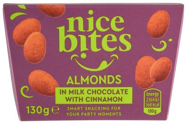 Nice Bites Pražená jádra mandlí v mléčné čokoládě se skořicí 130g