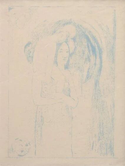 Gauguin, Paul (1848-1903) ‘La Orana Maria’ 1894/95, colour lithograph (zincograph), l.l. on plate seal of the artist, Catalogue raisonné Mongan/Kornfeld/Joachim 27D, in wavy frame, PM 25,6x17,7cm, SM 29,8x22,5cm (w.f. 47,7x41,5cm), min. spotty and y