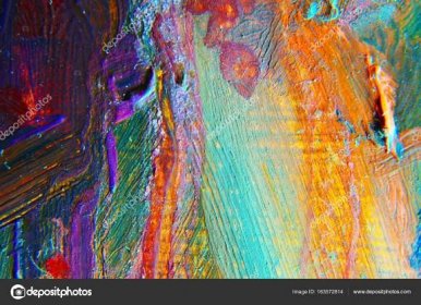 Fragment olejomalba. Fragment z kresby. Obraz na plátně. Pastos nátěrů. Světlé barvy. Zelená, oranžová, fialová, lila Stock Ilustrace od ©Kenall#163572814