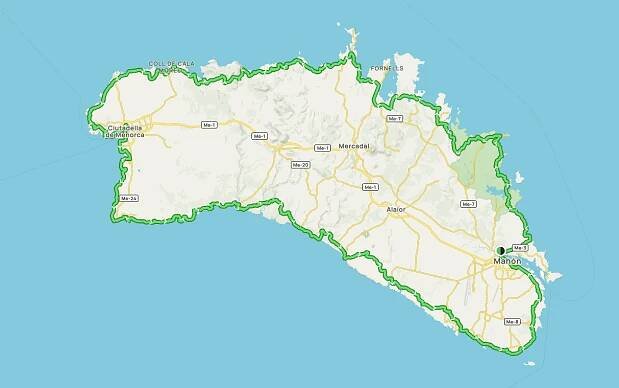A map of the Cami de Cavalls trail in Menorca