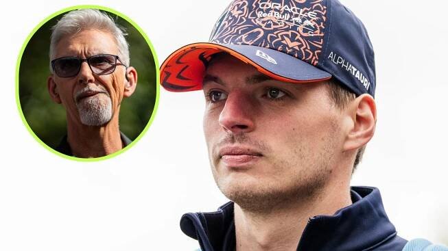 Max Verstappen pictured at the 2025 Belgian Grand Prix, looking towards Damon Hill in an oval top left