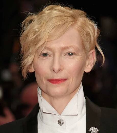 Tilda Swinton with a "bixie" haircut on the red carpet
