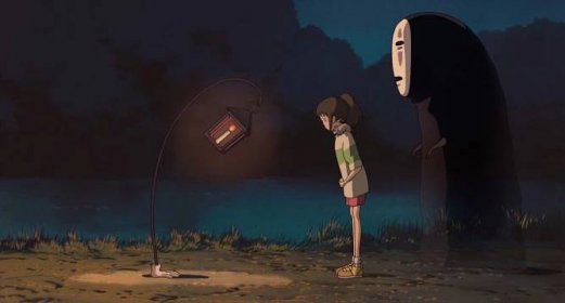 No-Face and Chihiro bow to lamp in Spirited Away