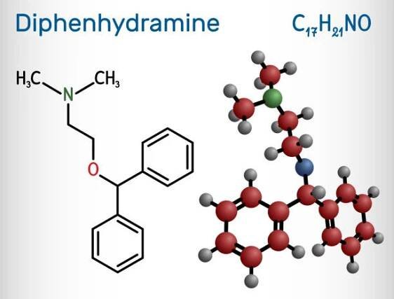 difenhydramin, molekula. jedná se o antihistaminikum h1 receptoru používané při léčbě sezónních alergií. strukturní chemický vzorec a molekulový model - formula 1 stock ilustrace