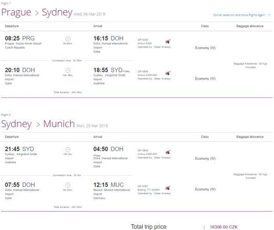 S Qatar Airways z Prahy do Austrálie, návrat do Mnichova. Letenky od 16 306 Kč