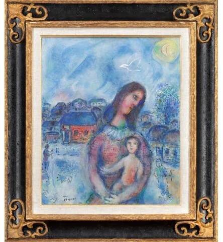 Chagall Marc, Maternité sur fond bleu (Mateřství na modrém pozadí),1976, olej, tempera a tuš na plátně. Zdroj: Adolf Loos Apartment and Gallery
