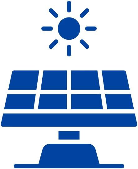 Blue icon of a solar panel with the sun over it.