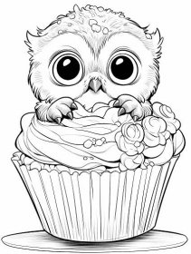 Baby owl hiding in a cupcake coloring page