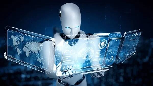 Robot hominoid pomocí tabletu počítače pro velké datové analytické pomocí UI myšlení mozku, umělé inteligence a procesu strojového učení pro 4. průmyslovou revoluci. 3D vykreslování. — Stock obrázek