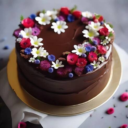 a heart shaped chocolate cake with flowers on top