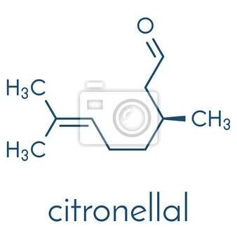 Citronellalová molekula citronelového oleje. Používá se v repelentu proti hmyzu. Kostrový vzorec.