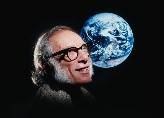 Noted science fiction author Isaac Asimov with a photo of the Earth from space.