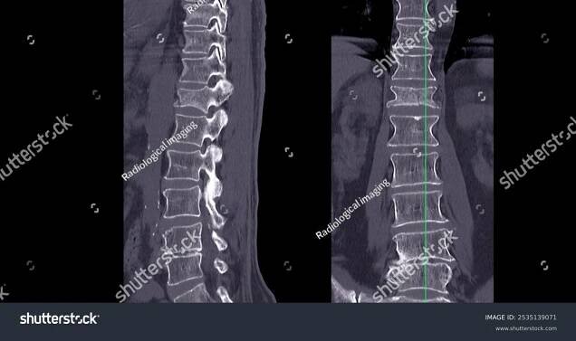 Kompresní zlomenina páteře na úrovni L1 - Lumbar CT Scan
Podrobný CT snímek bederní páteře ukazující kompresní zlomeninu na obratli L1.
