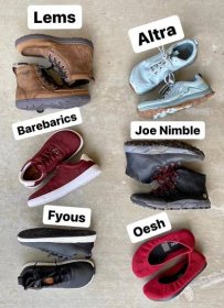 A top down view of 6 different pairs of barefoot shoes with cushion, otherwise known as transition shoes or natural footwear. Text overlay says Lems, Barebarics, Altra, Joe Nimble, Oesh, Fyous