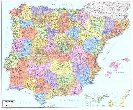 Španělsko PSČ, Portugalsko PSČ 90,5x107,5cm lamino, lišty nástěnná mapa