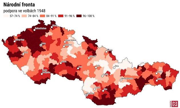 Volební podpora Národní fronty ve volbách 1948. Kartogram: Daniel Kerekes, Denník N; zdroj dat: vlastní rešerše novinových článků