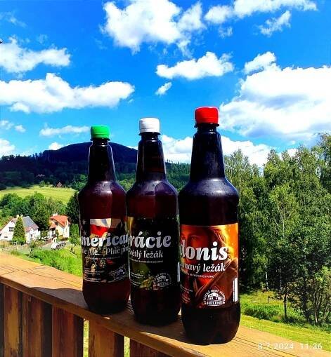 three bottles of beer sitting on a wooden fence at Pension Helene s mini pivovarem in Kytlice