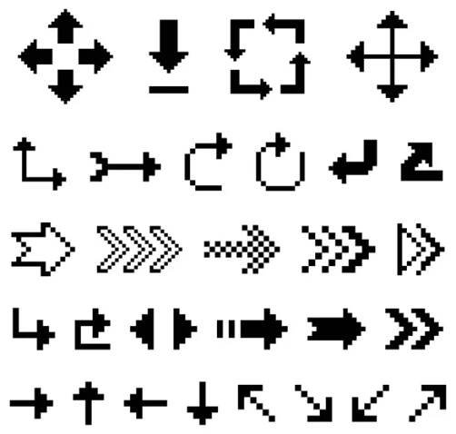 Set of black arrow directions pixel art 8 bit style — Ilustrace