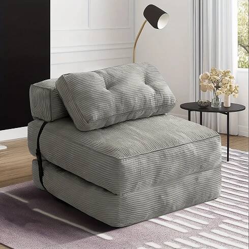 Modern Convertible Folding Sofa Bed with Memory Foam Mattress & Pillow-Style Backrest - Space-Saving Sleeper Chair for Small Spaces, Grey Corded *
