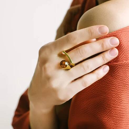 Silver Gilt Ring with Cognac Amber