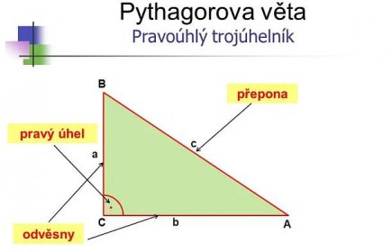 * Pythagorova věta. Pravoúhlý trojúhelník. B. přepona. pravý úhel. c. a. . . C. b. A. odvěsny. *
