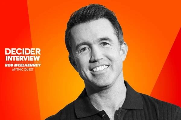 Rob McElhenney in black and white on an orange background