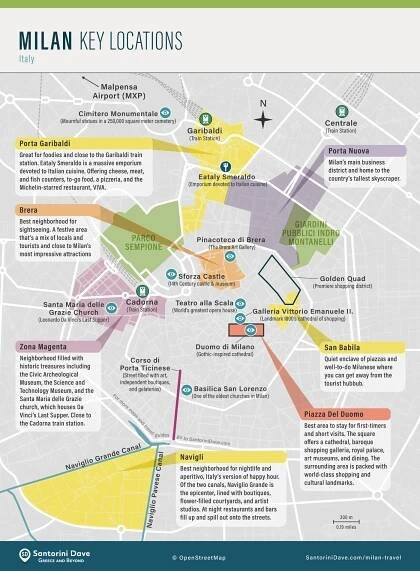 Map of Milan, showing and describing the best areas for tourists.