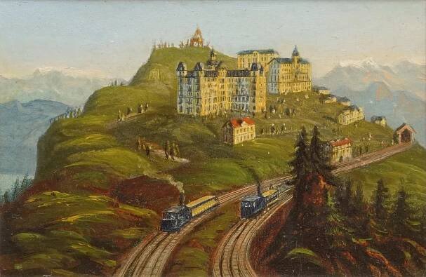 Rigi Kulm mit den beiden Zahnrad­bahnen und Grandhotel «Schreiber» um 1880. Ölskizze von Heinrich Müller