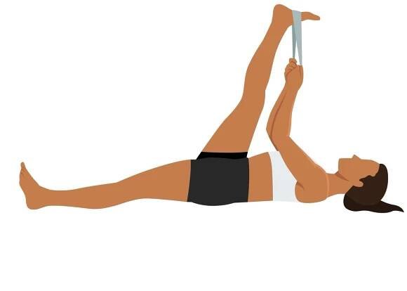 Woman doing Lying Hamstring stretch with elastic band exercise. Flat vector illustration isolated on white background