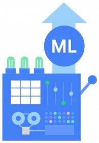 An illustration of a machine with knobs, lights and a lever, with an icon representing machine learning coming out of the top