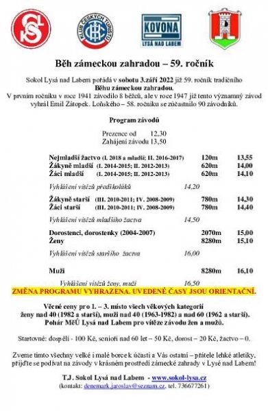 Běh zámeckou zahradou 59. ročník - Tělocvičná jednota Sokol Lysá nad Labem