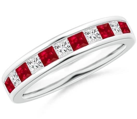 2.4mm AAA Channel Square Ruby and Diamond Half Eternity Ring in White Gold