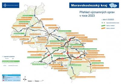 Mapa významných oprav Správy Ostrava (březen 2023) - Ředitelství silnic a dálnic s. p. pro Moravskoslezský kraj