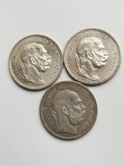 1 Koruna/Korona 1894, 1914 a 1915 Franz Josef I. KB Uherská Hezké - Numismatika