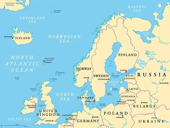 Severní Evropa, politická mapa. Britské ostrovy, Fennoscandia, Jutský poloostrov, Pobaltí ležící na východě, a ostrovy na pobřeží od pevniny severní Evropy a hlavního evropského kontinentu. — Ilustrace