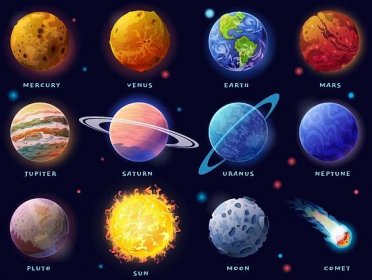 planety sluneční soustavy jsou nastaveny. moon, sun a komety ikony izolované na hvězdné obloze pozadí. vektorové vesmírné plynné obry jupiter a saturn, led uran neptun, pluto. skalnatá rtuť, venuše a země, mars - alien symbols stock ilustrace