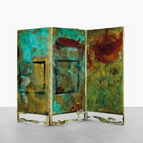 Thumbnail - Helen Frankenthaler, Gateway, 1982–88 (verso). Recto: lost-wax bronze casting with applied patinas and 28-color intaglio print with etching, relief, and aquatint, with borders hand stenciled on three sheets; verso: 3 sandblasted bronze panels hand painted by the artist with a mixture of chemicals, pigments, and dyes; 81 × 107 × 4 ½ inches (205.7 × 271.8 × 11.4 cm); edition 6/12; cast at Tallix Foundry, Beacon, New York, printed and published at Tyler Graphics Ltd., Bedford Village, NY © 2018 Helen Frankenthaler Foundation, Inc./Artists Rights Society (ARS), New York/Tyler Graphics Ltd. 1987