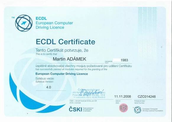 Certifikáty a osvědčení | Martin Adámek